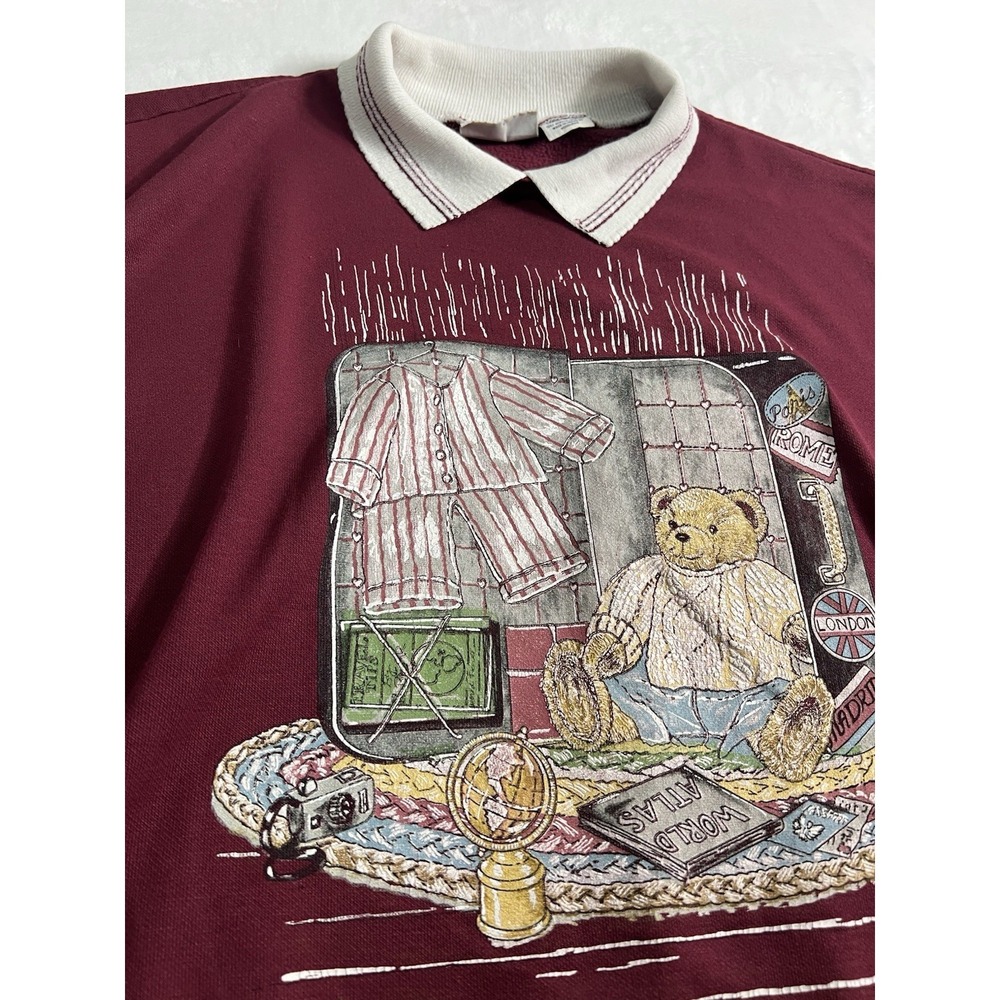 Basic Editions Burgundy Collared Pullover Sweatshirt Bear Graphic Women's L Fall - Picture 2 of 12